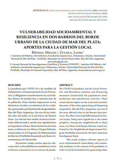 Vulnerabilidad socioambiental y resiliencia en dos barrios del borde urbano de la ciudad de Mar del Plata: aportes para la gestión local