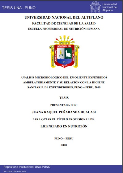 Análisis microbiológico del emoliente expendidos ambulatoriamente y su relación con la higiene sanitaria de expendedores, Puno – Peru, 2019