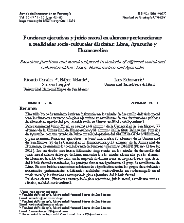 Funciones ejecutivas y juicio moral en alumnos pertenecientes a realidades socio- culturales distintas: Lima, Ayacucho y Huancavelica