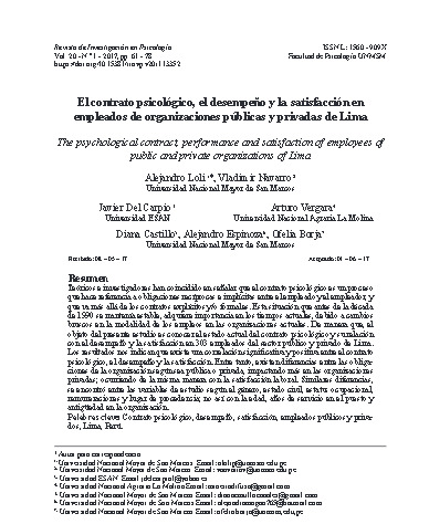 El contrato psicológico, el desempeño y la satisfacción en empleados de organizaciones públicas y privadas de Lima