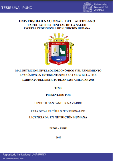 Mal nutrición, nivel socioeconómico y el rendimiento académico en estudiantes de 6 a 10 años de la I.E.P. Larimayo del Distrito de Antauta Melgar 2018