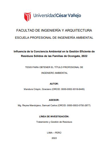 Influencia de la conciencia ambiental en la gestión eficiente de residuos sólidos de las familias de Ocongate, 2022