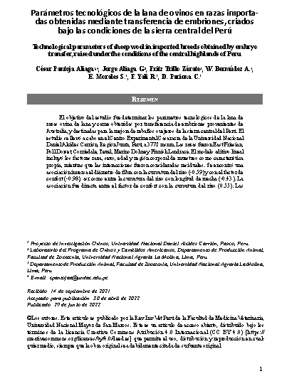 Parámetros tecnológicos de la lana de ovinos en razas importadas obtenidas mediante transferencia de embriones, criados bajo las condiciones de la sierra central del Perú