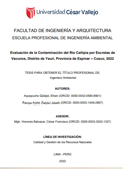 Evaluación de la contaminación del río Cañipía por excretas de vacunos, distrito de Yauri, provincia de Espinar – Cusco, 2022