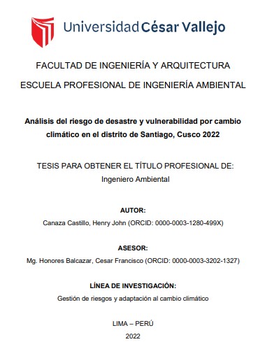 Análisis del riesgo de desastre y vulnerabilidad por cambio climático en el distrito de Santiago, Cusco 2022