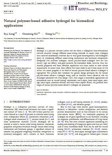 Natural polymer-based adhesive hydrogel for biomedical applications