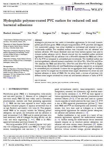 Hydrophilic polymer-coated PVC surface for reduced cell and bacterial adhesions