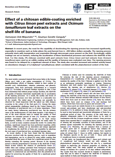 Effect of a chitosan edible-coating enriched with Citrus limon peel extracts and Ocimum tenuiflorum leaf extracts on the shelf-life of bananas