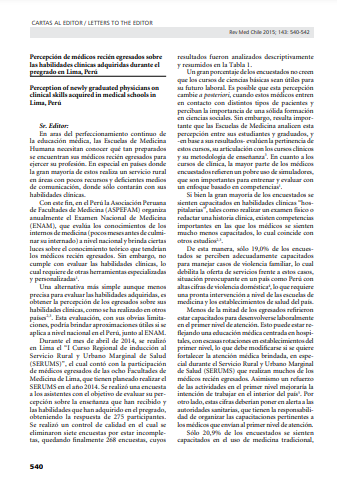 Percepción de médicos recién egresados sobre las habilidades clínicas adquiridas durante el pregrado en Lima, Perú