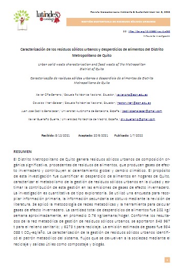 Caracterización de los residuos sólidos urbanos y desperdicios de alimentos del Distrito Metropolitano de Quito