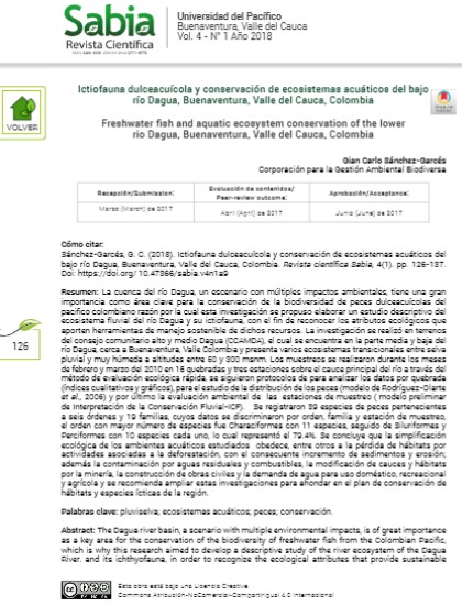 Ictiofauna dulceacuícola y conservación de ecosistemas acuáticos del bajo río Dagua, Buenaventura, Valle del Cauca, Colombia
