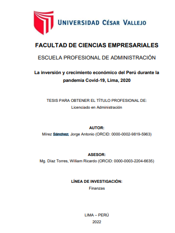 La inversión y crecimiento económico del Perú durante la pandemia Covid-19, Lima, 2020