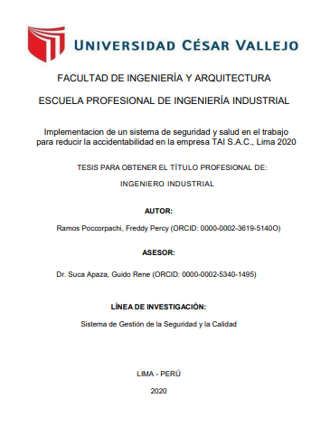 Implementacion de un sistema de seguridad y salud en el trabajo para reducir la accidentabilidad en la empresa TAI S.A.C., Lima 2020