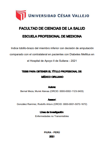 Indice tobillo-brazo del miembro inferior con decisión de amputación comparado con el contralateral en pacientes con Diabetes Mellitus en el Hospital de Apoyo II de Sullana - 2021