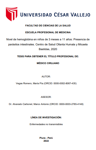 Nivel de hemoglobina en niños de 3 meses a 11 años: presencia de parásitos intestinales. Centro de Salud Ollanta Humala y Micaela Bastidas, 2020