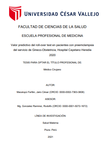 Valor predictivo del roll-over test en pacientes con preemclampsia del servicio de gineco-obstetricia, Hospital Cayetano Heredia 2020