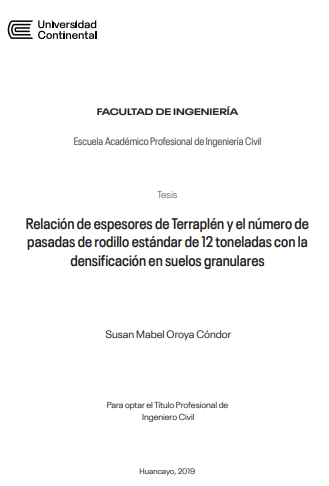 Relación de espesores de Terraplén y el número de pasadas de rodillo estándar de 12 toneladas con la densificación en suelos granulares