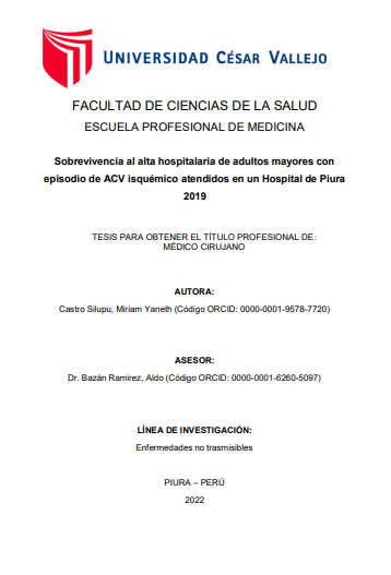 Sobrevivencia al alta hospitalaria de adultos mayores con episodio de ACV isquémico atendidos en un hospital de Piura 2019