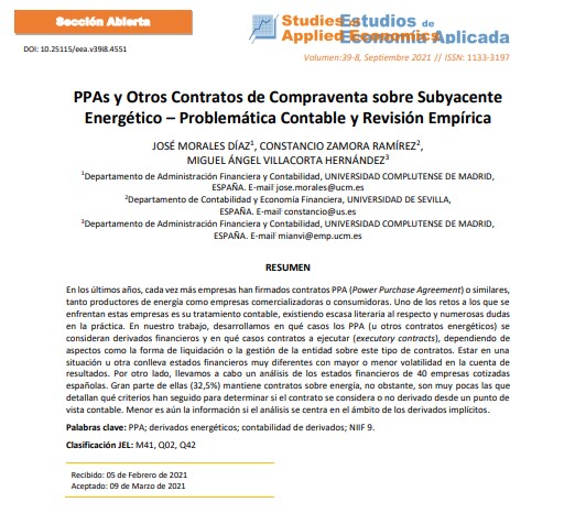 PPAs y otros contratos de compraventa sobre subyacente energético: problemática contable y revisión empírica