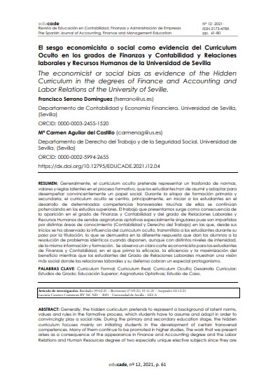 El sesgo economicista o social como evidencia del curriculum oculto en los grados de Finanzas y Contabilidad y Relaciones laborales y Recursos Humanos de la Universidad de Sevilla