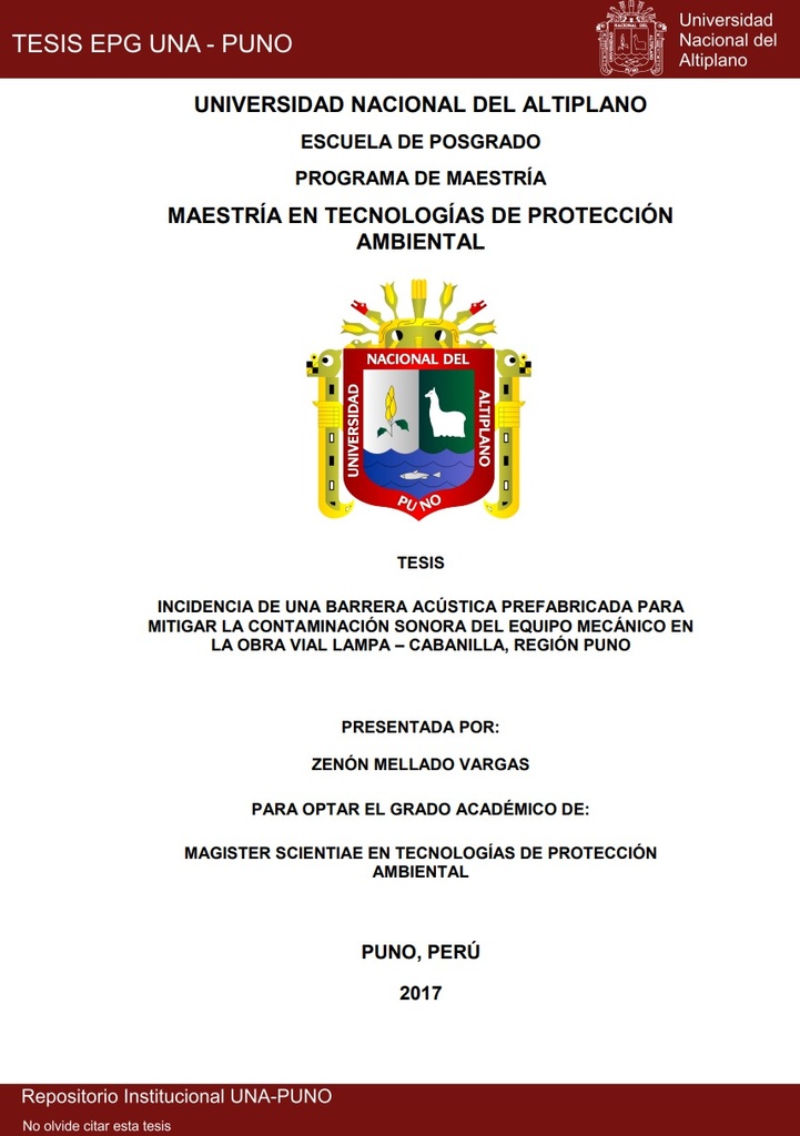 Incidencia de una barrera acústica prefabricada para mitigar la contaminación sonora del equipo mecánico en la obra vial Lampa – Cabanilla, región Puno