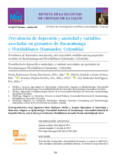 Prevalencia de depresión y ansiedad y variables asociadas en gestantes de Bucaramanga y Floridablanca (Santander, Colombia)