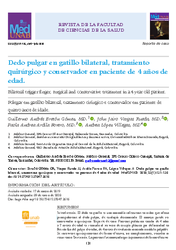 Dedo pulgar en gatillo bilateral, tratamiento quirúrgico y conservador en paciente de 4 años de edad