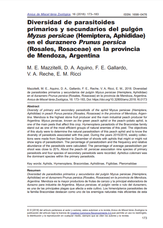 Diversidad de parasitoides primarios y secundarios del pulgón Myzus persicae (Hemiptera, Aphididae) en el duraznero Prunus persica (Rosales, Rosaceae) en la provincia de Mendoza, Argentina