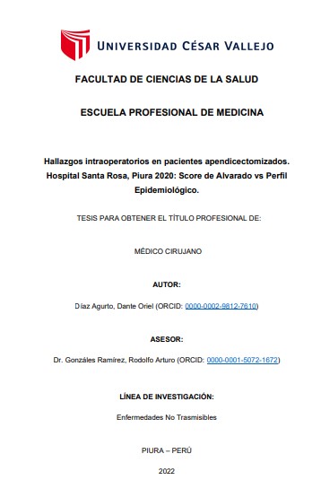 Hallazgos intraoperatorios en pacientes apendicectomizados. Hospital Santa Rosa, Piura 2020: Score de Alvarado vs Perfil Epidemiológico