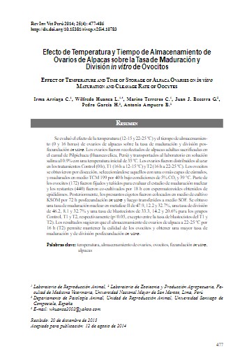 Efecto de Temperatura y Tiempo de Almacenamiento de Ovarios de Alpacas sobre la Tasa de Maduración y División in vitro de Ovocitos