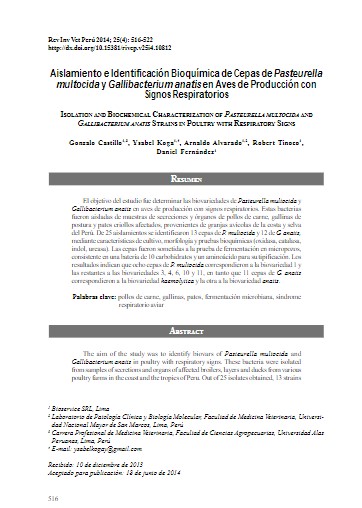 Aislamiento e Identificación Bioquímica de Cepas de Pasteurella multocida y Gallibacterium anatis en Aves de Producción con Signos Respiratorios