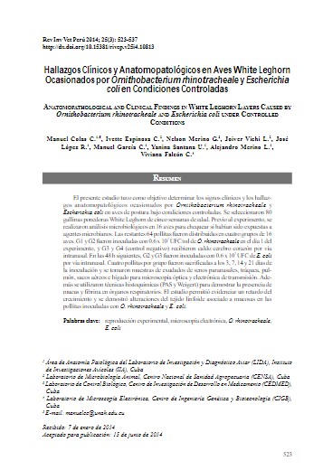 Hallazgos Clínicos y Anatomopatológicos en Aves White Leghorn Ocasionados por Ornithobacterium rhinotracheale y Escherichia coli en Condiciones Controladas