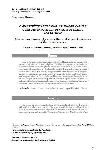 CARACTERÍSTICAS DE CANAL, CALIDAD DE CARNE Y COMPOSICIÓN QUÍMICA DE CARNE DE LLAMA: UNA REVISIÓN.