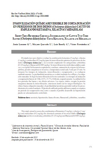 INMOVILIZACIÓN QUÍMICA REVERSIBLE DE CORTA DURACIÓN EN PEREZOSOS DE DOS DEDOS (Choloepus didactylus) CAUTIVOS EMPLEANDO KETAMINA, XILACINA Y MIDAZOLAM.