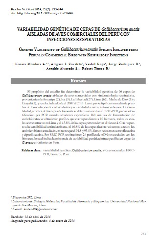 VARIABILIDAD GENÉTICA DE CEPAS DE Gallibacterium anatis AISLADAS DE AVES COMERCIALES DEL PERÚ CON INFECCIONES RESPIRATORIAS.