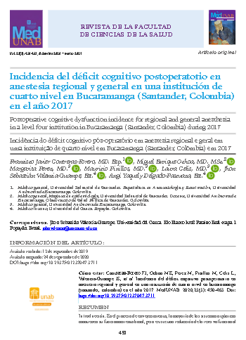 Incidencia del déficit cognitivo postoperatorio en anestesia regional y general en una institución de cuarto nivel en Bucaramanga (Santander, Colombia) en el año 2017