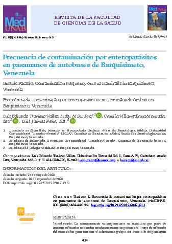 Frecuencia de contaminación por enteroparásitos en pasamanos de autobuses de Barquisimeto, Venezuela