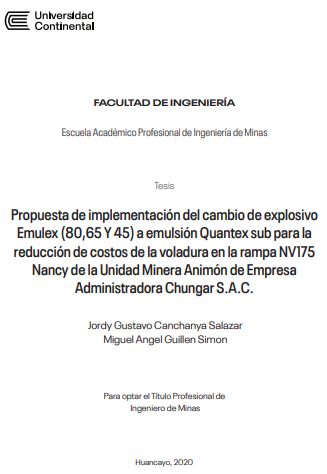 Propuesta de implementación del cambio de explosivo Emulex (80,65 y 45) a emulsión Quantex sub para la reducción de costos de la voladura en la rampa NV175 Nancy de la Unidad Minera Animón de Empresa Administradora Chungar S.A.C.