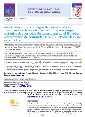 Asociación entre los rasgos de personalidad y la ocurrencia de accidentes de trabajo de riesgo biológico del personal de enfermería en el Hospital Universitario de Santander (HUS): estudio de casos y controles