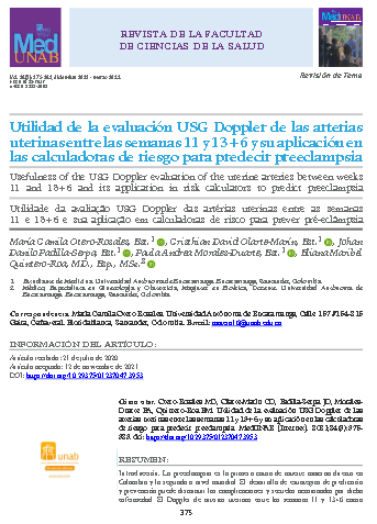 Utilidad de la evaluación USG Doppler de las arterias uterinas entre las semanas 11 y 13+6 y su aplicación en las calculadoras de riesgo para predecir preeclampsia