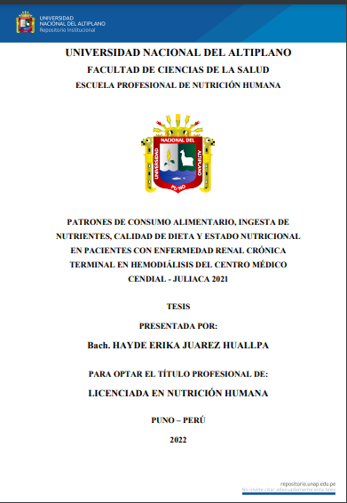 Patrones de consumo alimentario, ingesta de nutrientes, calidad de dieta y estado nutricional en pacientes con enfermedad renal crónica terminal en hemodiálisis del Centro Médico Cendial - Juliaca 2021