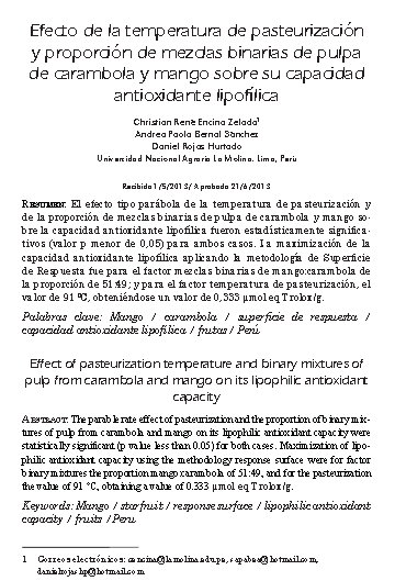 Efecto de la temperatura de pasteurización y proporción de mezclas binarias de pulpa de carambola y mango sobre su capacidad antioxidante lipofílica