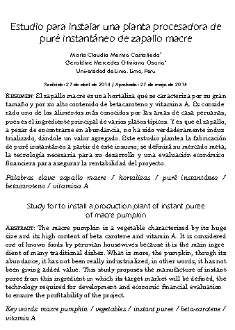 Estudio para instalar una planta procesadora de puré instantáneo de zapallo macre