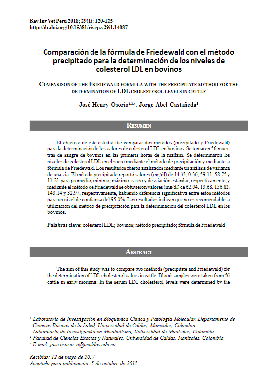 Comparación de la Formula de Friedewald con el método precipitado para la determinación de los niveles de colesterol LDL en bovinos