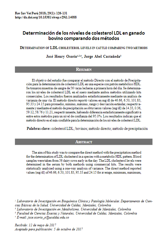 Determinación de los niveles de colesterol LDL en ganado bovino comparando dos métodos