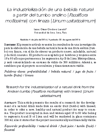 La industrialización de una bebida natural a partir del tumbo andino (Passiflora mollissima) con linaza (Linum usitatissimum)