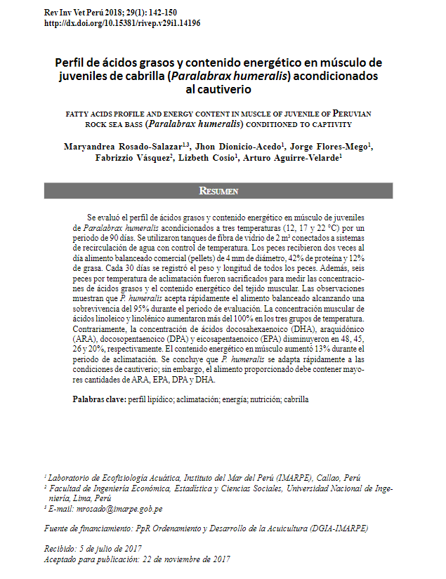 Perfil de ácidos grasos y contenido energético en músculo de juveniles de cabrilla (Paralabrax humeralis) acondicionados al cautiverio