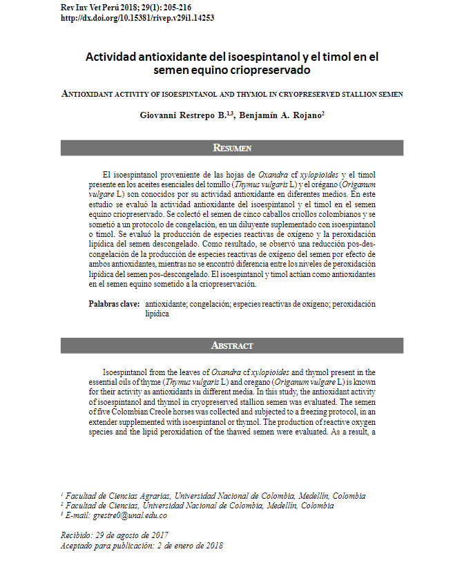 Actividad antioxidante del isoespintanol y el timol en el semen equino criopreservado