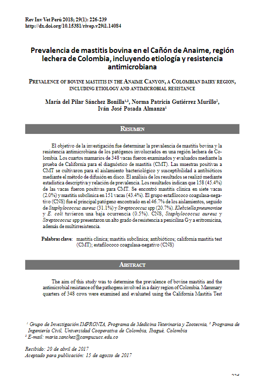 Prevalencia de mastitis bovina en el Cañón de Anaime, región lechera de Colombia, incluyendo etiología y resistencia antimicrobiana