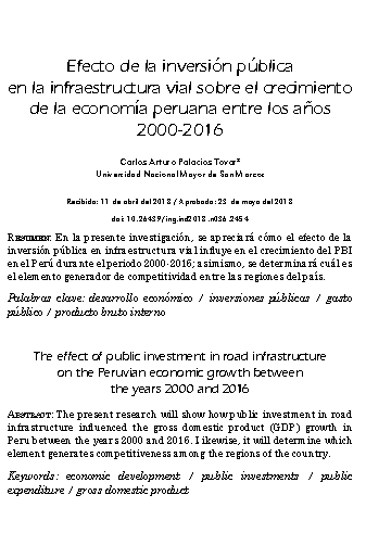 Efecto de la inversión pública en la infraestructura vial sobre el crecimiento de la economía peruana entre los años 2000-2016